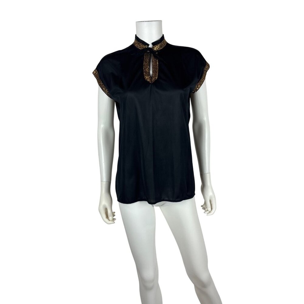Vintage 60s Asian Motif Top Womens M Gold Metallic Embroidered Keyhole Neckline